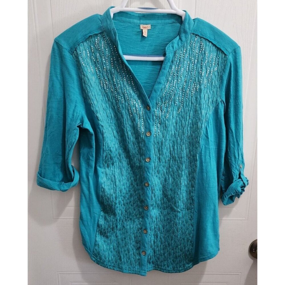 Reba Women's 3/4 Roll Tab‎ Sleeve V Neck Button Up Top Embellished Blue Sz Small